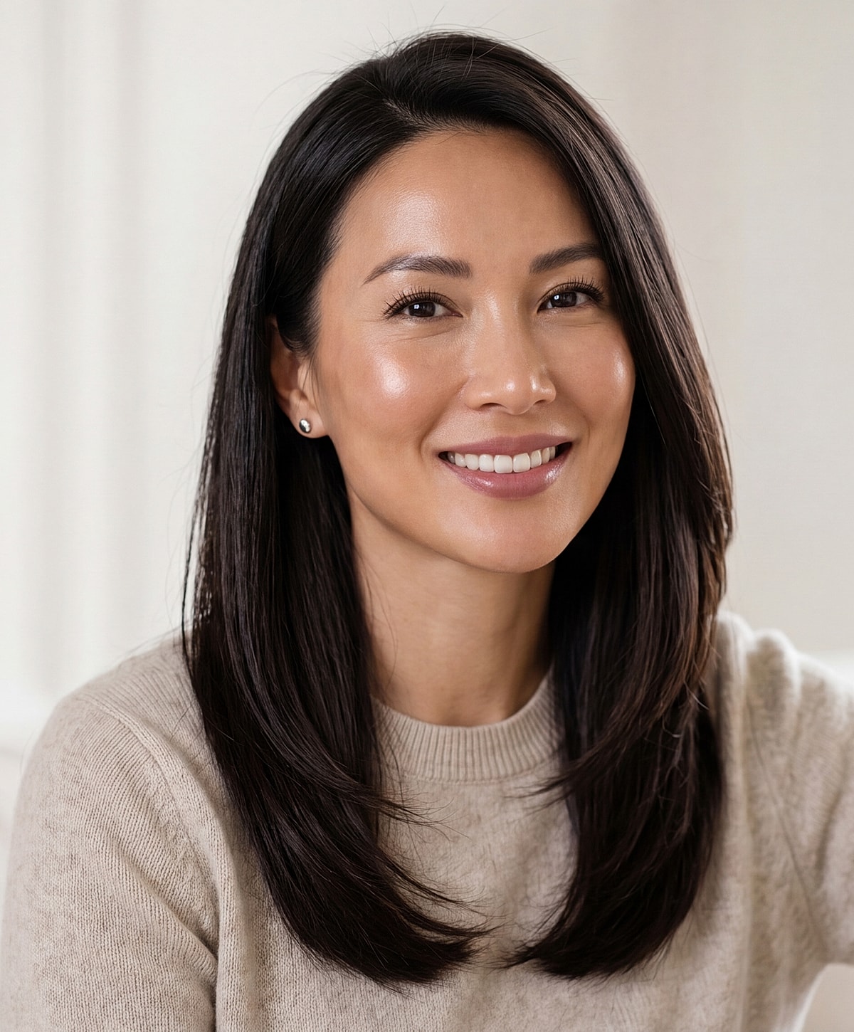 Smiling Lafayette brow lift model with long hair in sweater.